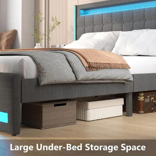 Vista 6 de CSZZD Base de cama Queen con cabecero ajustable y luces LED, base de cama de plataforma tapizada tamaño Queen con estación de carga tipo C y USB