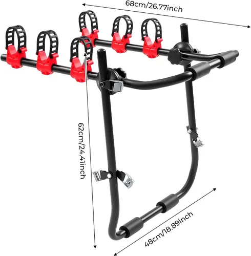 Vista 2 de Soporte de bicicleta de coche para 3 bicicletas, con correas ajustables para maletero, se pliega para almacenamiento, compatible con la mayoría