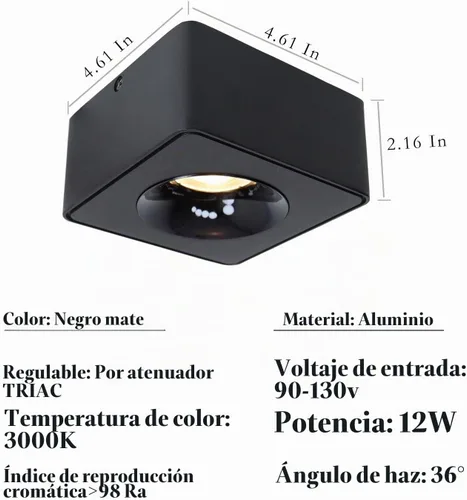 Vista 4 de Foco Reflector LED Regulable Cuadrado de Techo de Aluminio Negro Ancho 4.61 pulgadas Ultra-Delgado 2.16 pulgadas Downlight Moderno Luminaria