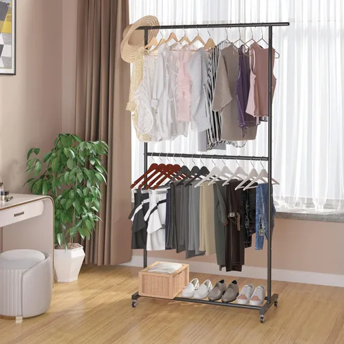 Vista 3 de Sywhitta Perchero de Ropa de Doble Barra Rodante, Organizador de Ropa con Ruedas para Colgar Ropa, Fácil de Ensamblar, Ajustable, Negro