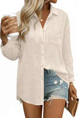 Vista 21 de HOTOUCH Camisas de manga larga con botones para mujer, blusas de lino y algodón, casuales, con cuello holgado, de gasa con bolsillo