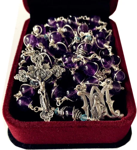 Vista 7 de elegantmedical Collar hecho a mano con cuentas de rosario de amatista envueltas en alambre de plata de ley 925 y caja de regalo, Plata esterlina