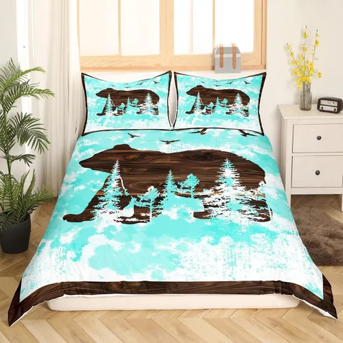 Vista 2 de Juego de funda de edredón de oso para niños, juego de ropa de cama de animales salvajes para niños, naturaleza, vida silvestre, oso, pájaro, juego
