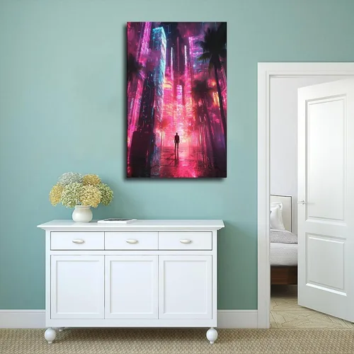 Vista 4 de XAHOR Póster estético Vaporwave - Impresión artística retro Cyberpunk con ciudad neón y palmeras, lienzo decorativo y arte de pared, póster moderno
