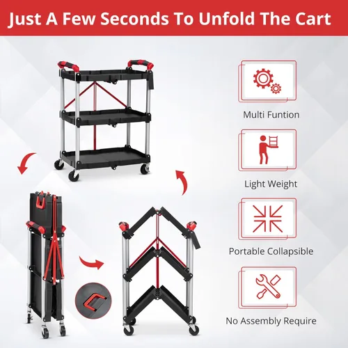 Vista 3 de Towallmark Carrito de servicio plegable portátil, carrito plegable de 3 niveles, carritos utilitarios plegables para oficina, almacén y hogar, Negro