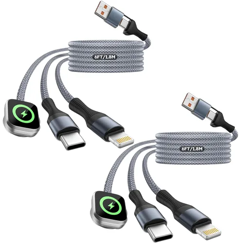 Vista 23 de Travel Essentials - Cable de carga múltiple 4 en 1 para cargador de reloj de iPhone, USB A a doble tipo C/IP/iWatch, cargadores de viaje