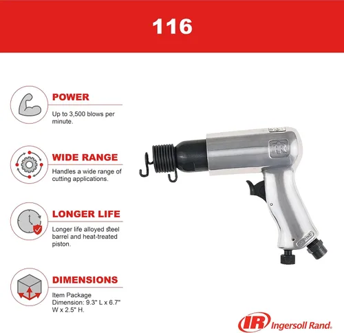 Vista 2 de Ingersoll Rand Martillo neumático 116, 3500 BPM, carrera de 2-5/8" Velocidad de rotación máxima de hasta 3.500 BPM, ideal para trabajos de escape