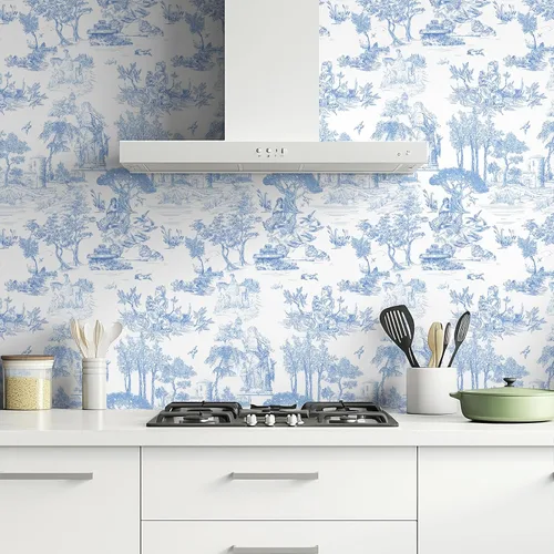 Vista 9 de WENMER Papel Tapiz Toile, 17.7" X 118" Azul y Blanco Despegar y Pegar Papel de Pared, Papel Tapiz Toile de Jouy, Papel de Contacto Vintage Francés