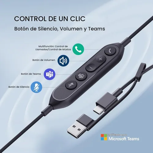 Vista 5 de Yealink Auriculares con cable UH46,USB-C/A, cancelación de ruido AI de 3