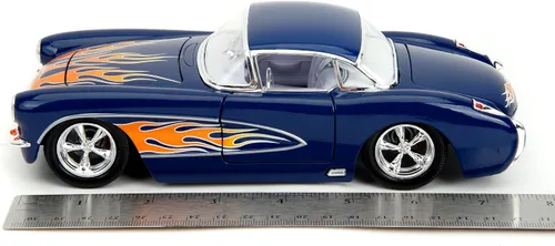 Vista 6 de Jada Big Time Muscle 1:24 1957 Chevrolet Corvette - Auto fundido a presión, juguetes para niños y adultos (azul oscuro/llamas)
