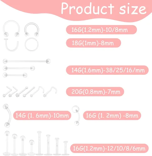 Vista 2 de 60 piezas de retenedores de nariz transparentes Bioflex acrílicos para el trabajo escolar, nariz, vientre, pezón, lengua, tabique, cejas, labios