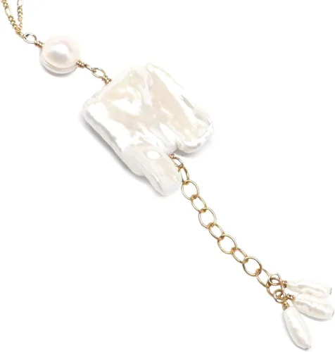 Vista 2 de Large White Notched Rectangle Cultured Freshwater Pearl Chain Necklace Gold-filled