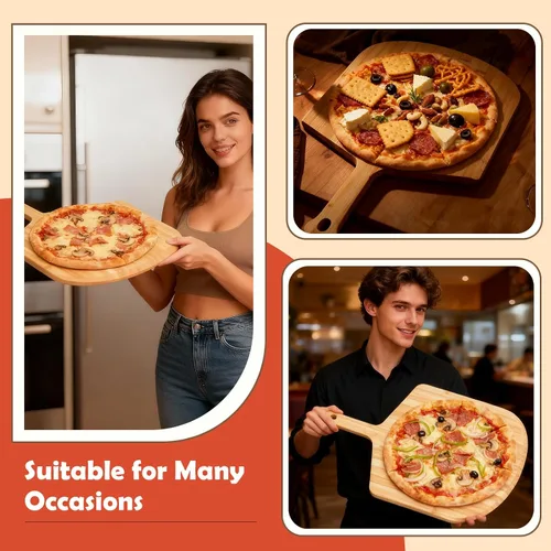 Vista 4 de Pala de pizza de bambú de 16 pulgadas, tabla grande de 16 pulgadas con mango largo, borde biselado fácil de deslizar para hornear, transferir