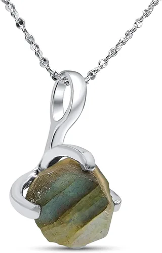 Vista 30 de Collar de cadena con colgante de piedra preciosa natural en bruto con oro blanco sobre plata de ley 925, piedra natal delicado regalo solitario