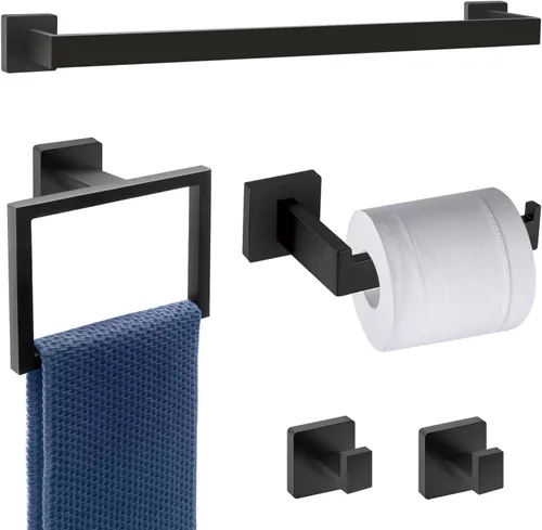Vista 9 de Juego de barras para toallas de 5 piezas en negro y dorado - Accesorios de baño dorados y negros con 2 ganchos para toallas, juego de barras