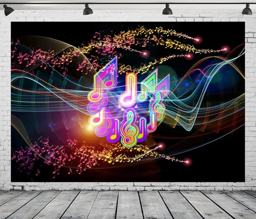 Vista 2 de BELECO Telón de fondo de notas musicales de tela de 15 x 8 pies, piano, escenario, notación musical, fondo, música, baile, fiesta, telón de fondo