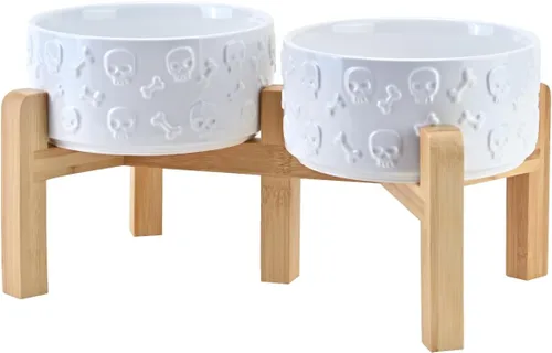 Vista 11 de SPUNKYJUNKY Cuencos elevados de cerámica para perros, 5.1 pulgadas, para comida de perros y gatos, cuencos elevados con soporte de bambú Verde oscuro