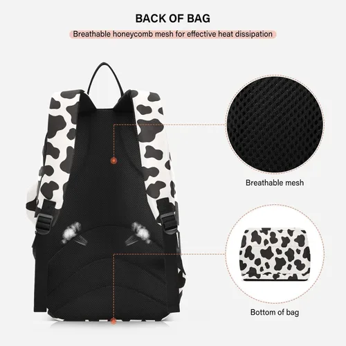 Vista 4 de Mochila de tenis para adultos, gran almacenamiento, estampado de vaca, bolsa de raqueta de tenis blanca y negra con capacidad para 2 raquetas