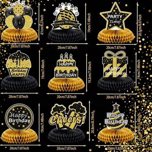 Vista 2 de Yexiya 9 Pieces Happy Birthday Table Centerpieces Black Gold Honeycomb Negro dorado