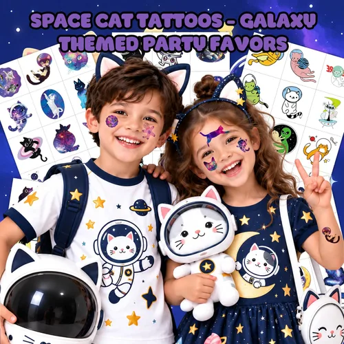 Vista 2 de 60 PCS Space Cat Temporary Tattoos Pre-Cut for Kids Girls Boys