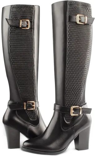 Vista 3 de Botas altas hasta la rodilla para mujer, tacón grueso, puntera completa, con cremallera lateral completa