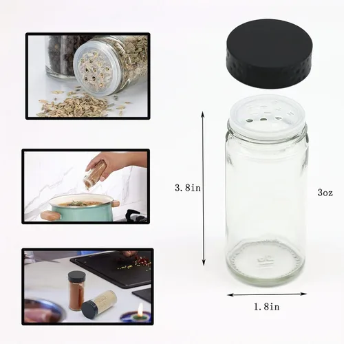 Vista 2 de 2 tarros de especias negras, botellas de vidrio de condimentos de 3 onzas, recipiente para especias, frascos de especias vacíos, botellas redondas