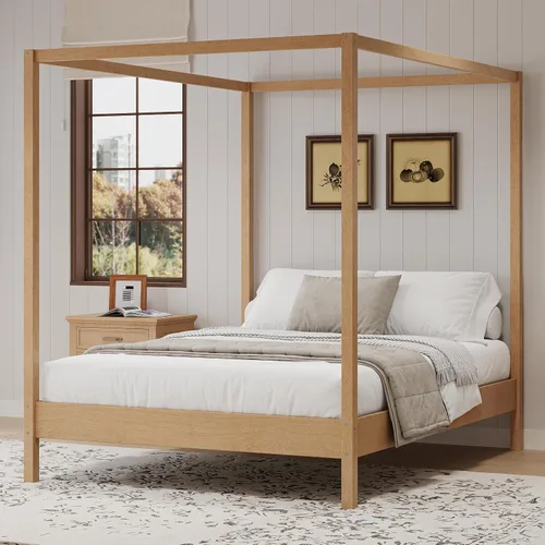 Vista 9 de Moderna plataforma de cama con dosel con dosel, tamaño Queen con cabecera de canal, plataforma de diseño de dosel de madera maciza con nido y 3