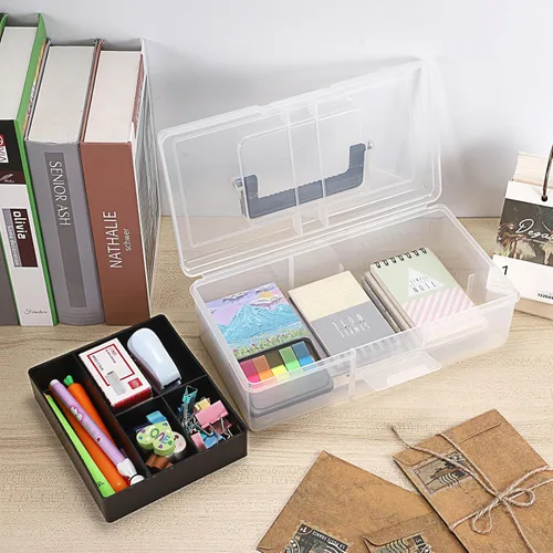 Vista 7 de BTSKY Caja de almacenamiento de plástico transparente con bandeja extraíble, caja de almacenamiento de artículos de papelería multiusos con asa