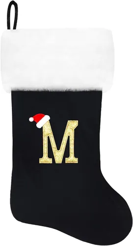 Vista 69 de Calcetines de Navidad bordados de 20 pulgadas con monograma, terciopelo negro con puño de felpa blanca supersuave, adornos clásicos para decoración