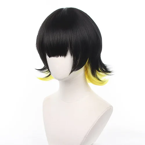 Vista 2 de XiongXiongLe Peluca de Halloween Cosplay Anime Meguru Bachira con bloqueo azul, negro y amarillo, pelucas de repuesto para disfraz de hombre