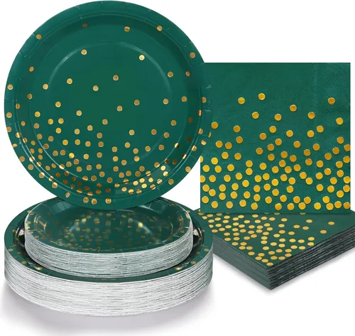 Vista 9 de 150 platos negros y servilletas suministros para fiesta, platos de papel negro Severs 50, decoraciones de fiesta plateadas para graduación