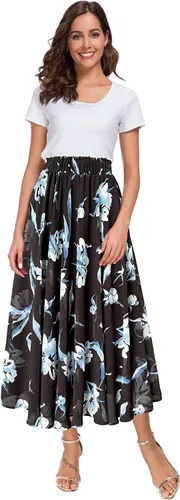 Vista 2 de Afibi Falda de gasa con estampado floral de cintura alta para mujer, estilo swing, de playa, midi, larga con bolsillos Negro