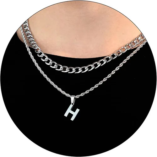 Vista 49 de SENRAN Collar con inicial en capas de la A a la Z para hombre, cadena de cuerda torcida de acero inoxidable de 18 a 20 pulgadas, dije de letra