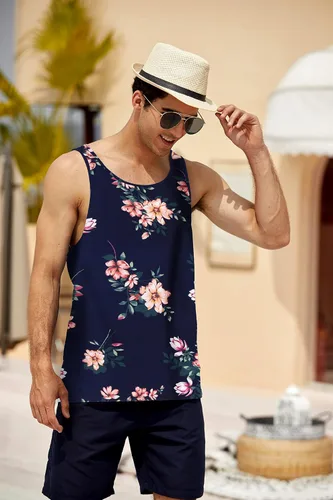 Vista 2 de COOFANDY Camiseta sin mangas con estampado floral para hombre, camisetas deportivas casuales con estampado en Hawaii, playa, vacaciones