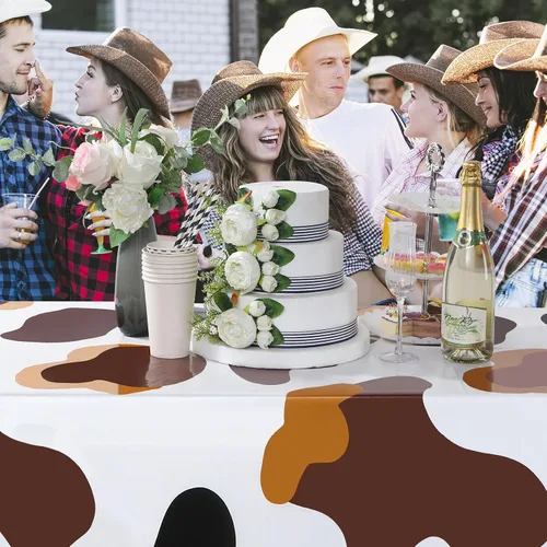 Vista 7 de Buryeah Mantel rectangular de plástico para mesa de vaca, 3 piezas, mantel de fiesta de granja de animales, mantel de vaca negra y blanca, mantel