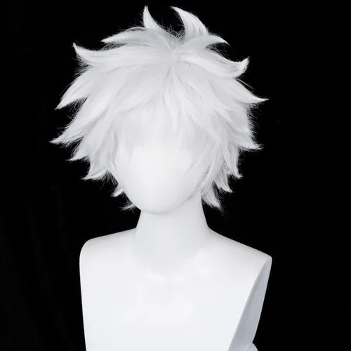 Vista 4 de COSPLAZA Cosplay peluca corta blanca plateada esponjosa masculina anime show Halloween fiesta pelucas de pelo