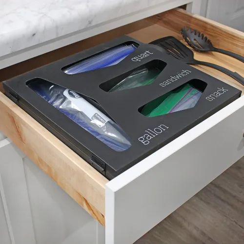 Vista 2 de AuldHome Design Enamelware Organizador de bolsas de cocina (negro), soporte estilo granja compatible con cierre de cremallera para almacenamiento