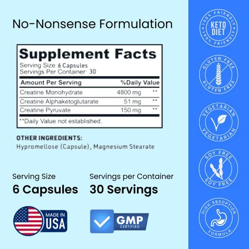 Vista 6 de Cápsulas de creatina, 5g Premium 3X ThreeAtine Pre Workout, Ganador de masa muscular a granel, Creatina monohidrato de alta absorción fácil
