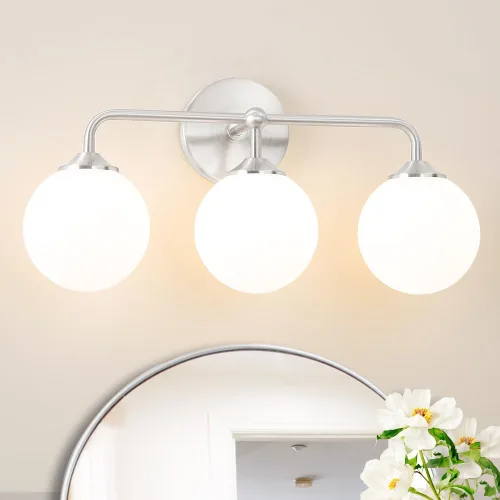 Vista 15 de Luces modernas de tocador de baño de níquel cepillado de 2 luces, accesorios de iluminación de baño sobre espejo con pantalla de globo de vidrio