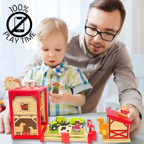 Vista 6 de Juego de granja de juguetes de madera – Los juguetes para niños pequeños incluyen funda de transporte portátil de granero, agricultores de gente