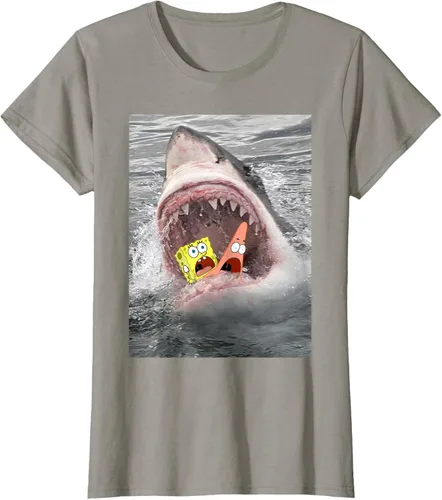 Vista 25 de Camiseta divertida de Bob Esponja con diseño de tiburón y ataque de tiburón para hombres y mujeres Negro