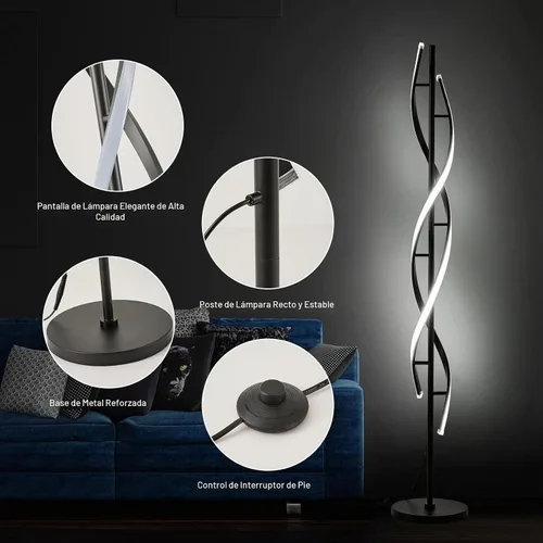 Vista 4 de Lámpara de Pie LED Espiral para Dormitorio, Lámparas de Pie Modernas con Control Remoto de 60 Pulgadas Regulable Lámpara de Pie Negra de 48W Lámpara