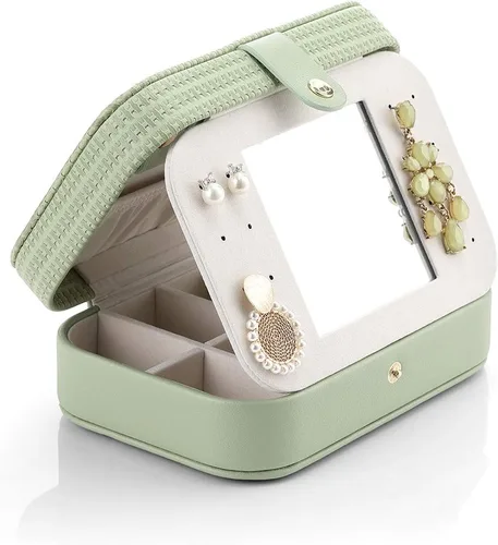 Vista 8 de Vlando Pequeño organizador de joyas de viaje, estuche de almacenamiento de piel sintética para collares, aretes, anillos, tejido verde