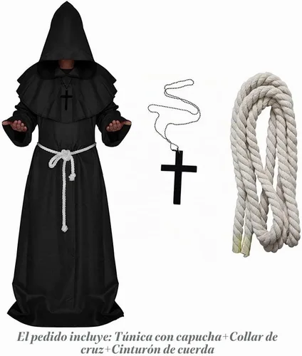Vista 3 de LHJ - Disfraz de monje renacentista con capucha, fraile, disfraz medieval para hacer cosplay Negro