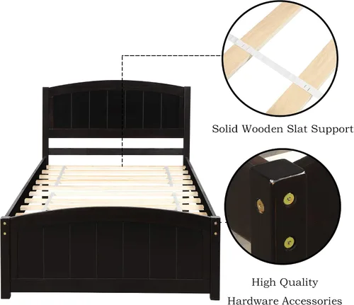 Vista 4 de Harper & Bright Designs Base de cama individual, plataforma de madera con cabecera y estribo, soporte de listones de madera, no necesita somier