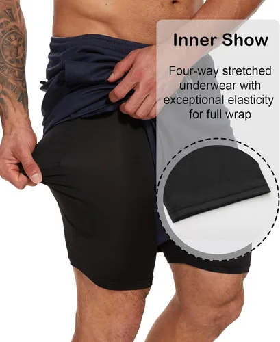 Vista 3 de Paquete de 4 pantalones cortos de entrenamiento 2 en 1 para hombre con forro, pantalones cortos deportivos de secado rápido con bolsillos