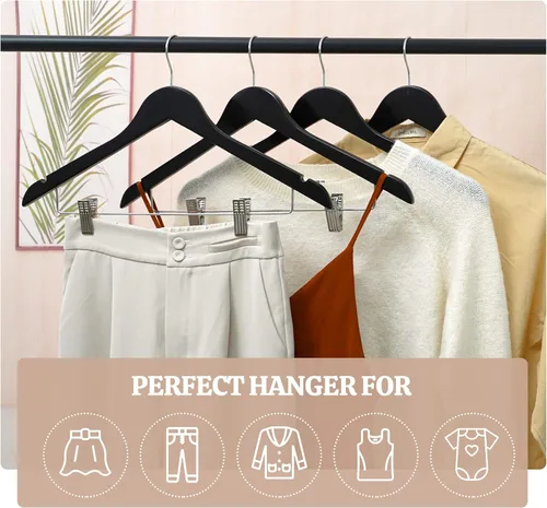 Vista 8 de HOUÍSM - Perchas de madera con clips, perchas resistentes para pantalones y faldas, perchas de madera maciza para pantalones, jeans, ropa