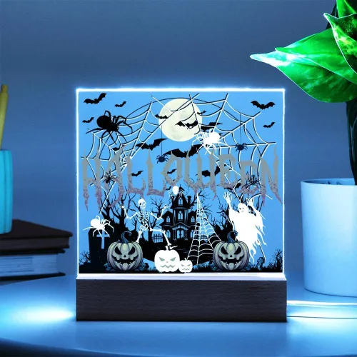 Vista 8 de Lámpara de Halloween espeluznante con decoración de luz nocturna con temática de araña y esqueleto, escena de castillo fantasma para una experiencia