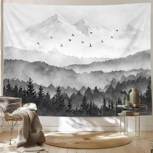 Vista 15 de kampdream Tapiz de bosque de montaña, tapiz de pared con diseño de árbol blanco y negro brumoso, paisaje de acuarela, tapiz de paisaje natural