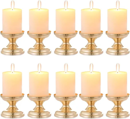 Vista 9 de NUPTIO Portavelas dorados para boda: 2 piezas de soporte de pedestal de pilar pequeño y redondo de metal votivo para mesa de comedor, sala de estar